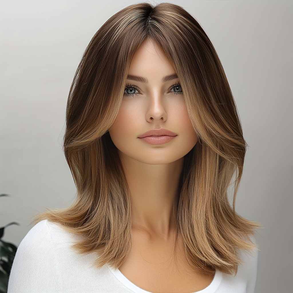 TEMU Ladies Elegant Straight Hair Wig, With Bangs-100% Synthetic Wig, Hat, Realistic Layered Effect, Heat-resistant Fiber, Suitable For .