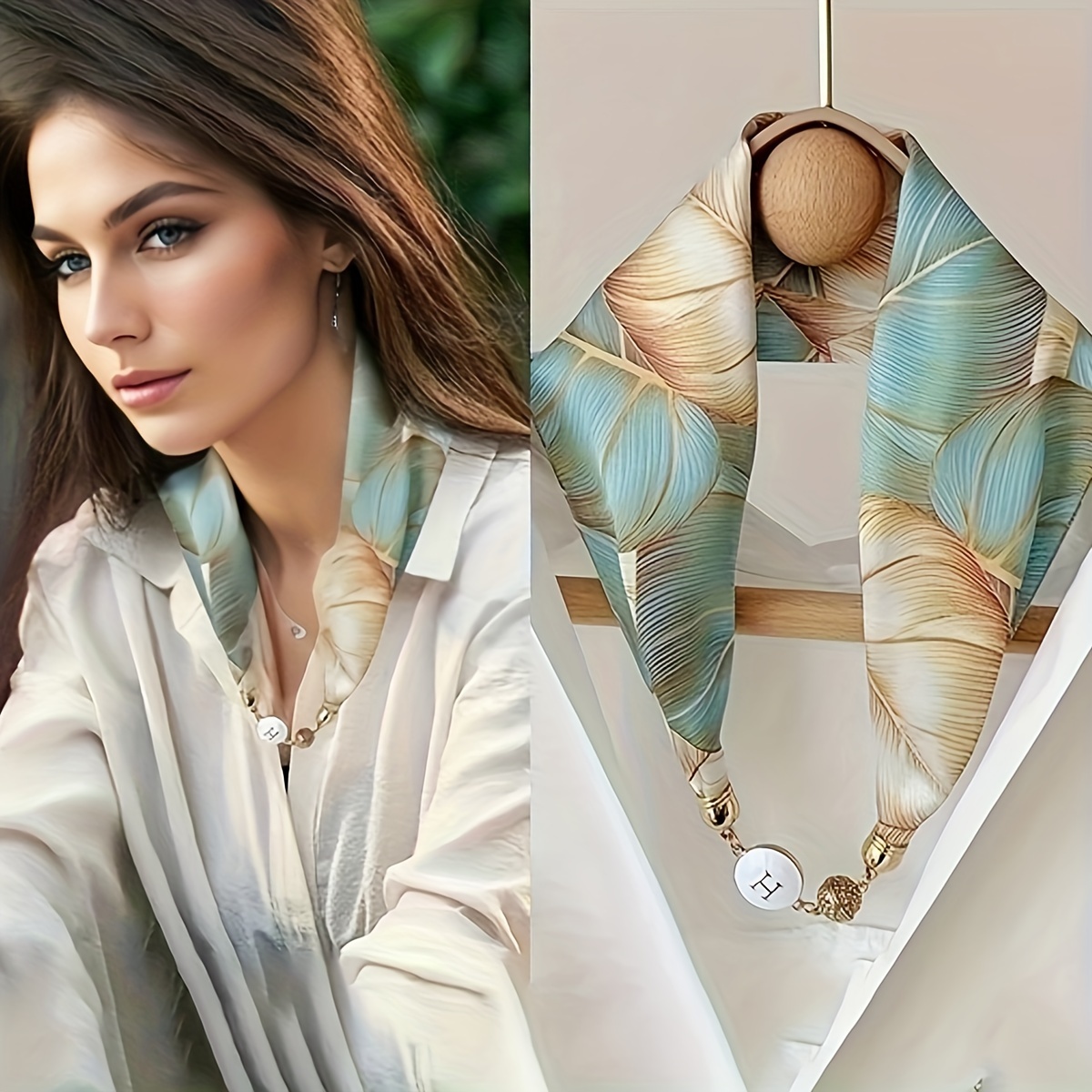 

Foulard soyeux élégant avec fermoir magnétique, écharpe imprimée avec collier, petit foulard assorti pour femmes