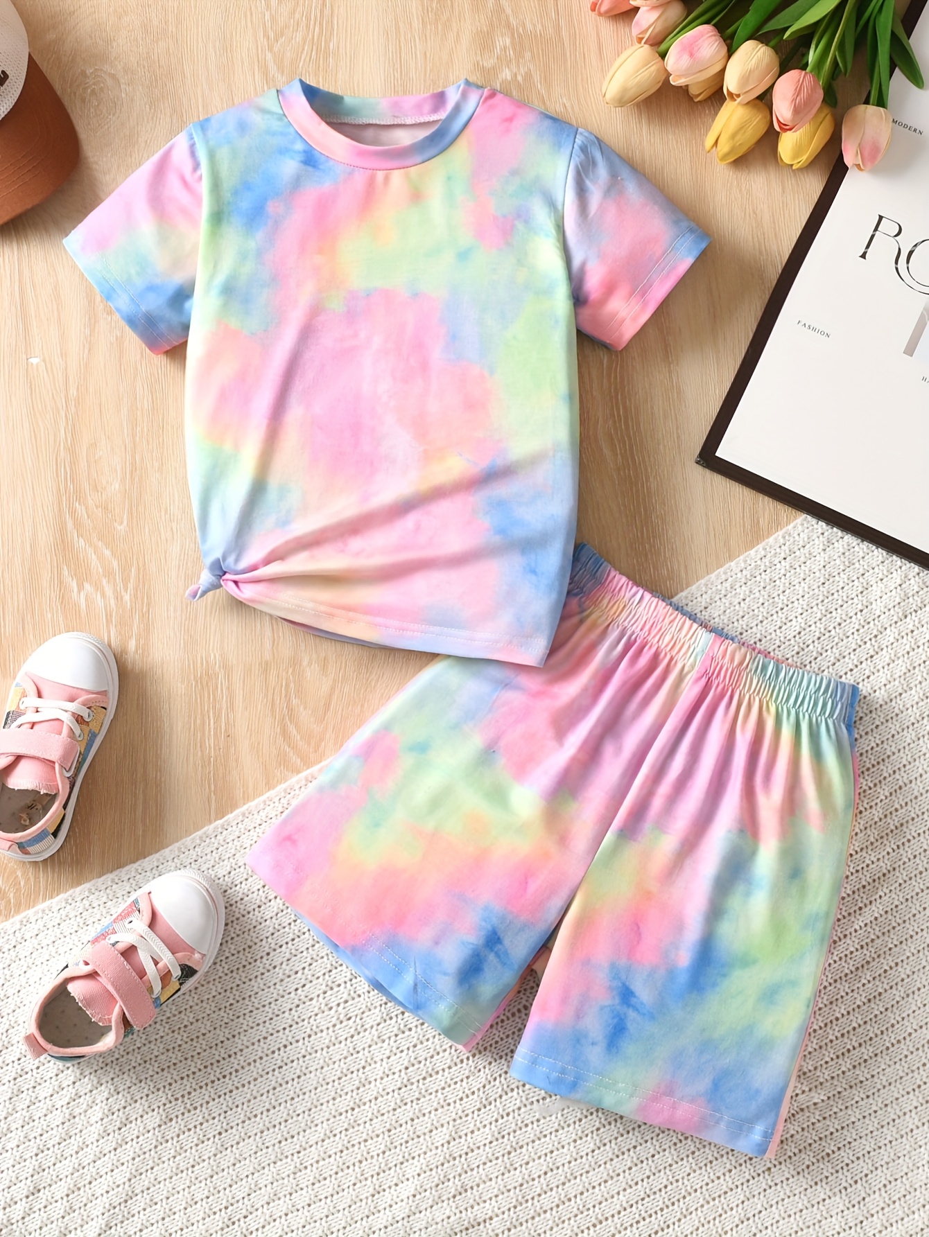 girls fashion two piece shorts set tie dye short sleeve outfit casual comfortable set