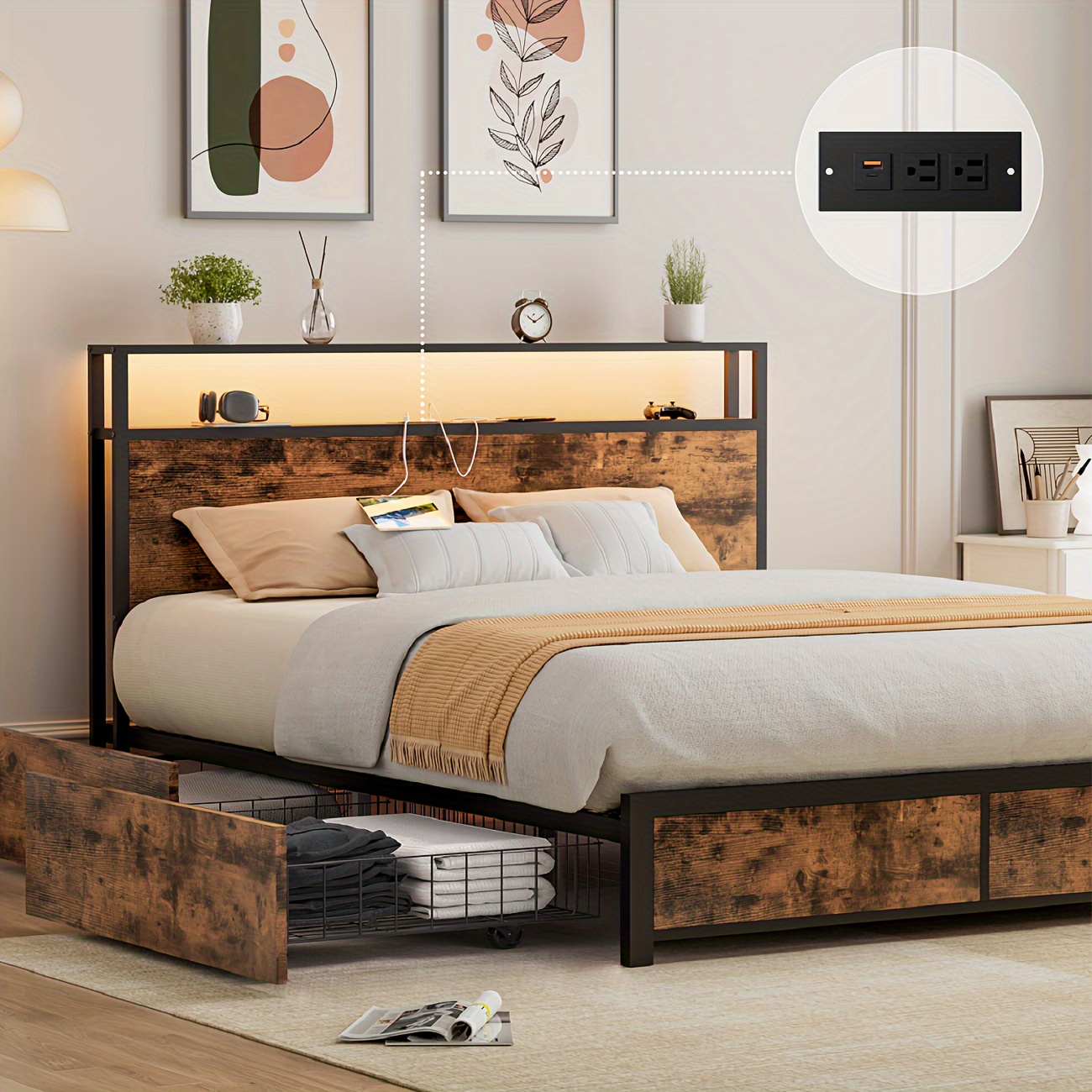 

Fluest Queen Bed Frame With 2-tier Storage Headboard, Metal Platform Bed Frame With 4 Storage Drawers, Built In Charging Station & Led, Noise-free/metal Support/no Box Spring Needed, Vintage Brown