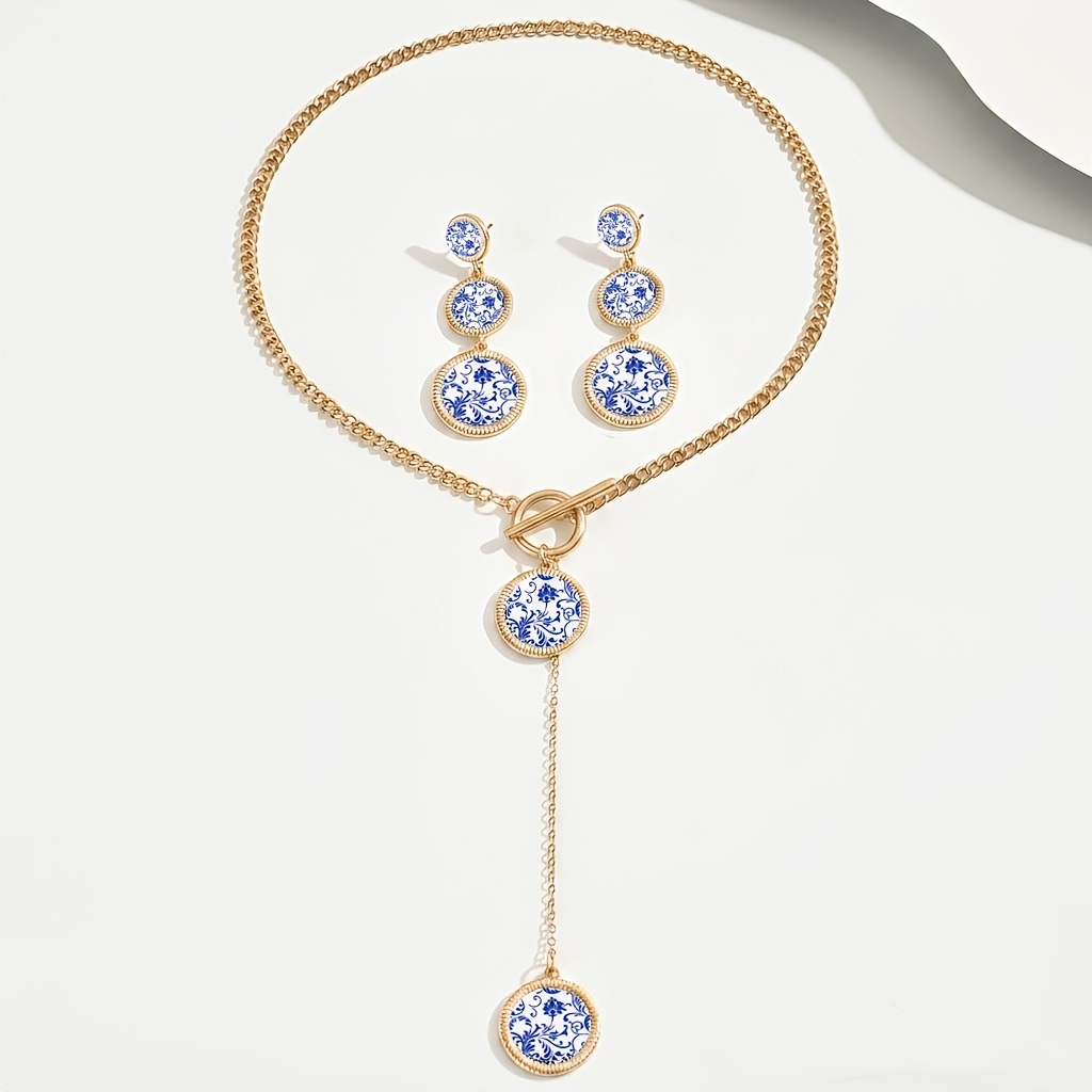 TEMU Lxalry, 2pcs Women's Jewelry Set, Vintage Bohemian Geometric Round Blue And White Pattern With Chain Long Y-necklace, Suitable For Daily Wear,