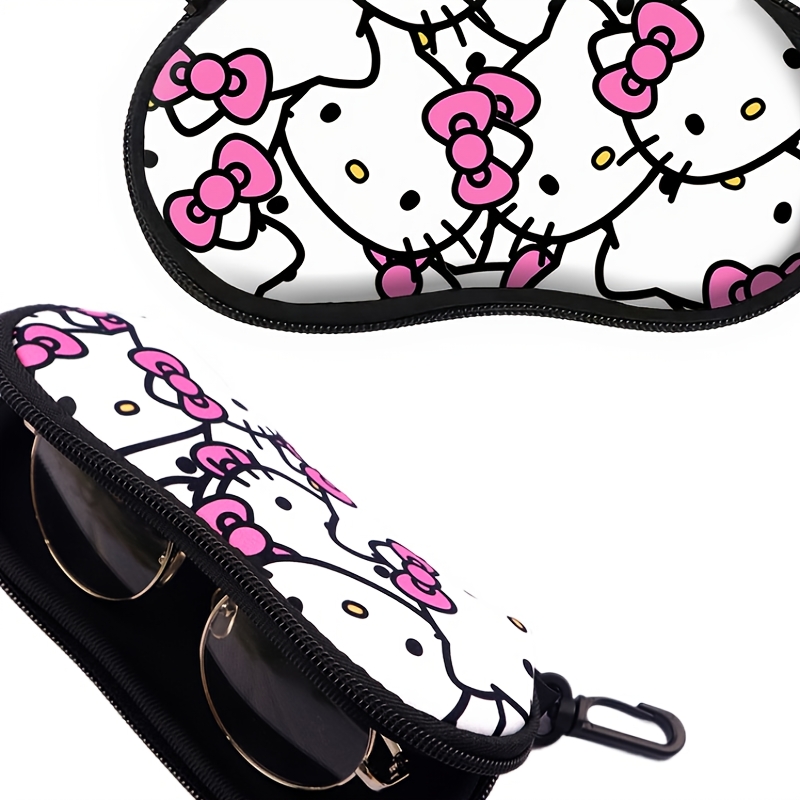 

1pc Sanrio Hello Print Glasses Case - Tpr Material, Anti-drop Pouch With Carabiner Clip, Cute Pink & For Eye Protection