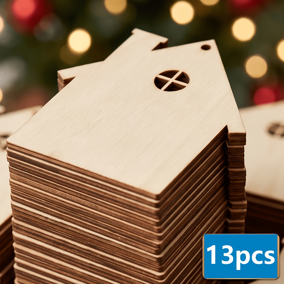 TEMU 13pcs House-shaped Wooden Decorative Hanging Ornaments, Suitable For Wall Hanging Decoration, Gift Packaging Embellishment, Party Scene Decor,