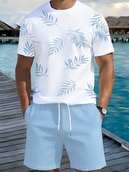completo casual da per la casa, e traspirante, set di t-shirt e pantaloncini, e 1 , stampa casual a foglie, 100% poliestere, pantaloncini con tasche e coulisse