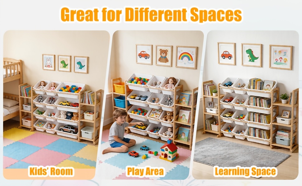 Storage Organizer with 6 Shelves And 12 Bins, 52.3 Inch Wide Kids Bookshelf And Organizer, Wooden Bookcase with Storage Bins for Playroom, Bedroom, Nursery And Room Decor