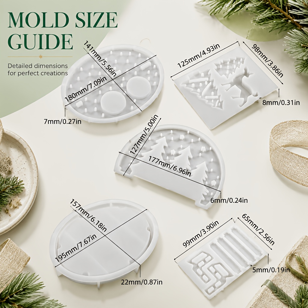 Image of 5pcs Christmas Forest Scene Clay Silicone Molds For Plaster Crafts, Holiday Woodland Diorama Resin Mold Kit With Trees, Deer And Bench Shapes For Home Decor Projects