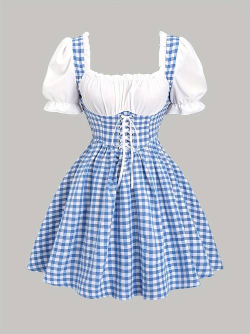 vintage womens dress with woven straps and bow detail sweet cute romantic jk style for dates casual attire checkpattern woven fabric