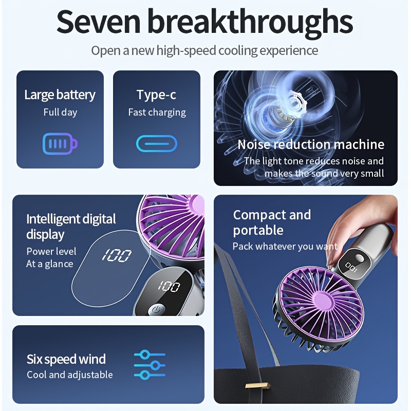 mini portable usb fan with 6 display foldable 3 in 1 handheld neck and desktop fan for travel beach and outdoor use rechargeable lithium battery travel essentials modern aesthetic portable fans Product details 1