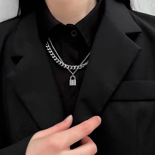 mens elegant double layer lock necklace shirt combo durable iron chain with alloy pendant casual or formal occasions formal accessory minimalist necklace durable iron chain necklace