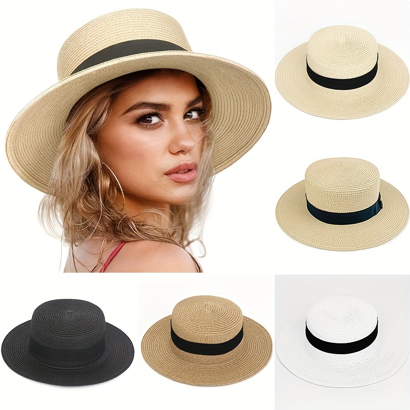 Flat Top White Straw Hat, Women's Summer Flat Brim Top Hat Sunshade Sun Hat, Fishing Hat For Outdoor