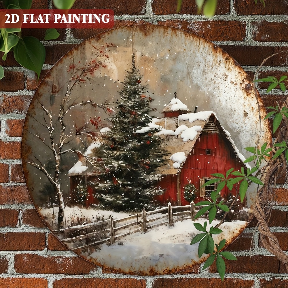TEMU 2d Flat, 1pc Rustic Farmhouse Winter Snowy Red Barn & Christmas Tree Metal Wall Art Sign - 8-inch Round Aluminum Door Plaque For Christmas,