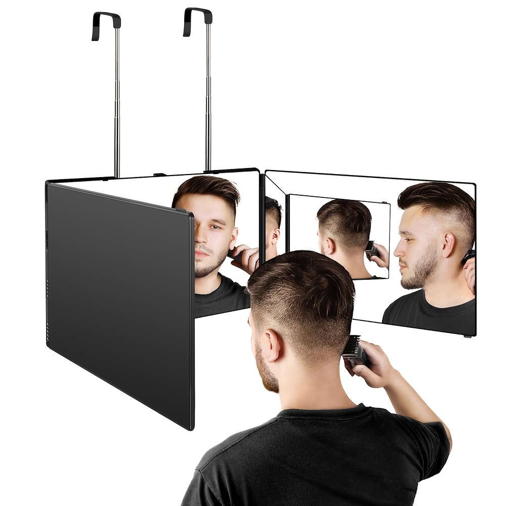 item picture portable 360 trifold mirror with height adjustable telescoping hooks ideal for self hair cutting makeup essential foldable