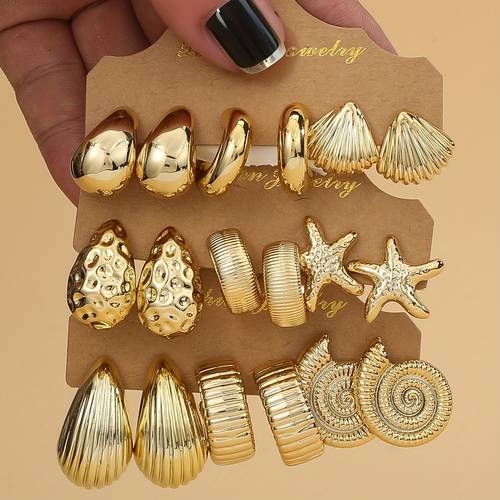 6-18-teiliges set modische & goldene seesterne, muscheln, glatte wassertropfen, strukturierte ohrringe, für sommerreisen & urlaub