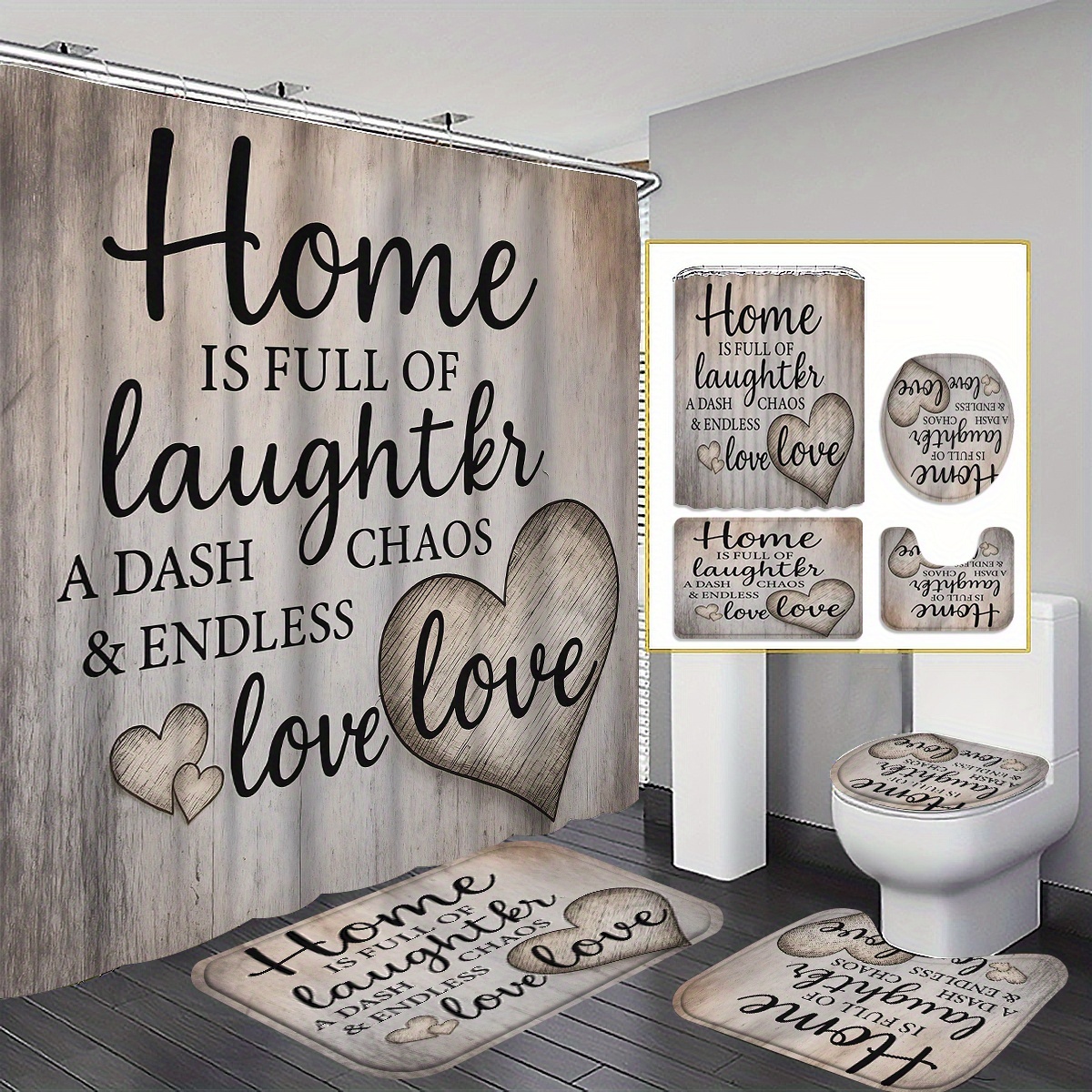 TEMU 4pcs 2d Flat Shower Curtain, Rustic Wooden Background With Black And Heart Shapes Bathroom Decor, Shower Curtain Set Includes Bath Mat, U-shaped