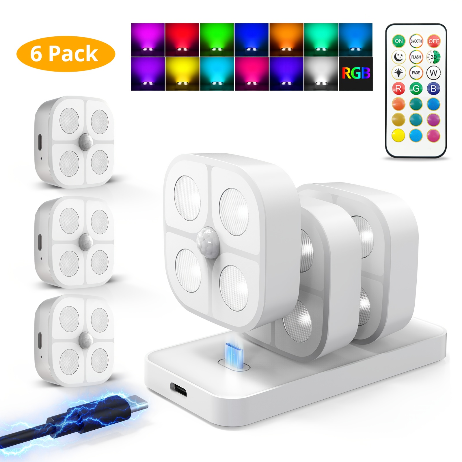 TEMU Motion Sensor Night Light, Under Cabinet Lighting, Wireless Step Light Rechargeable Puck Lights With Charging Station, Colorful Rgb Puck Light