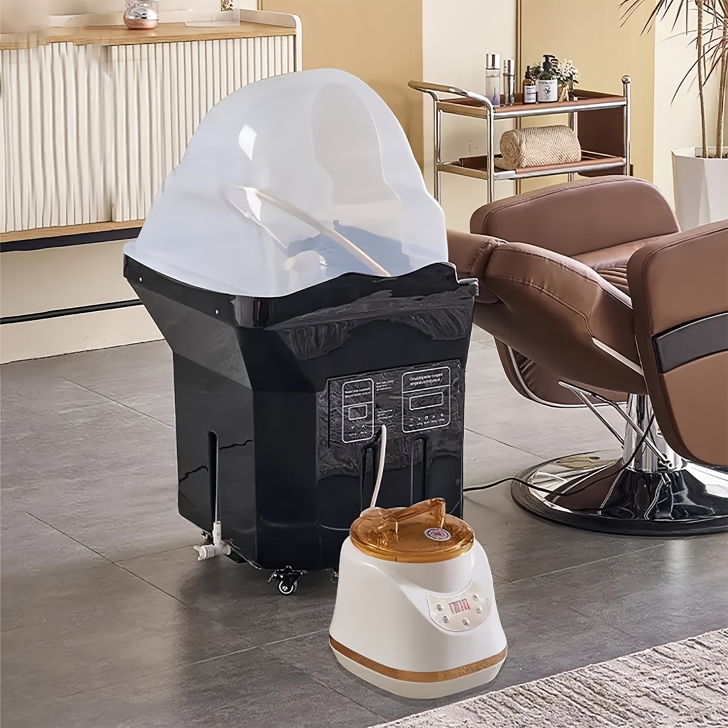 equipment for head spa featuring   cycle rinse a large 60l water tank a shampoo basin for   and light   along with fumigation for hair relaxation Product details 1