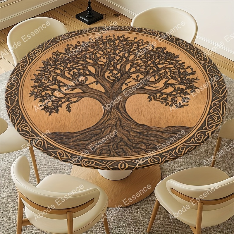 TEMU 1pc Vintage Elastic Fitted Round Tablecloth - Features A Carved Wooden Tree Of , With An And Wipeable Polyester Material, Perfect For Indoor And