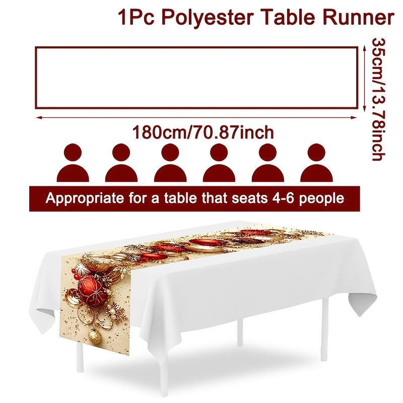 TEMU 1pc Red Golden Snowflake & Christmas Ball Table Runner With Scalloped Edges - Suitable For Christmas Dining Table Decor, Farmhouse Rectangular