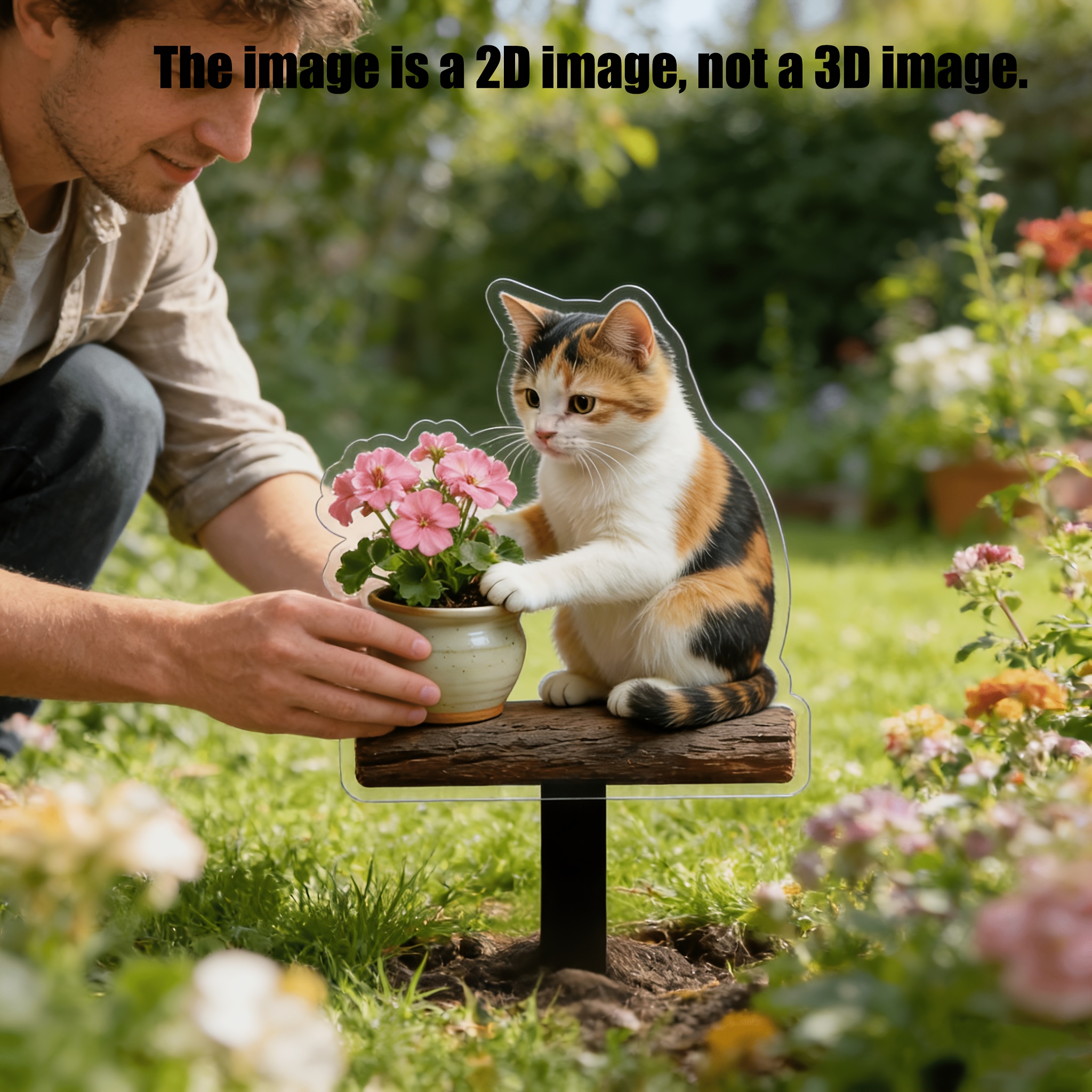TEMU 2d Flat, [2d Flat] Calico Cat Garden Stake Suitable For Potted Plants, Patio & Flower Beds - Cute Kitten Lawn Ornament With Flowering, Acrylic
