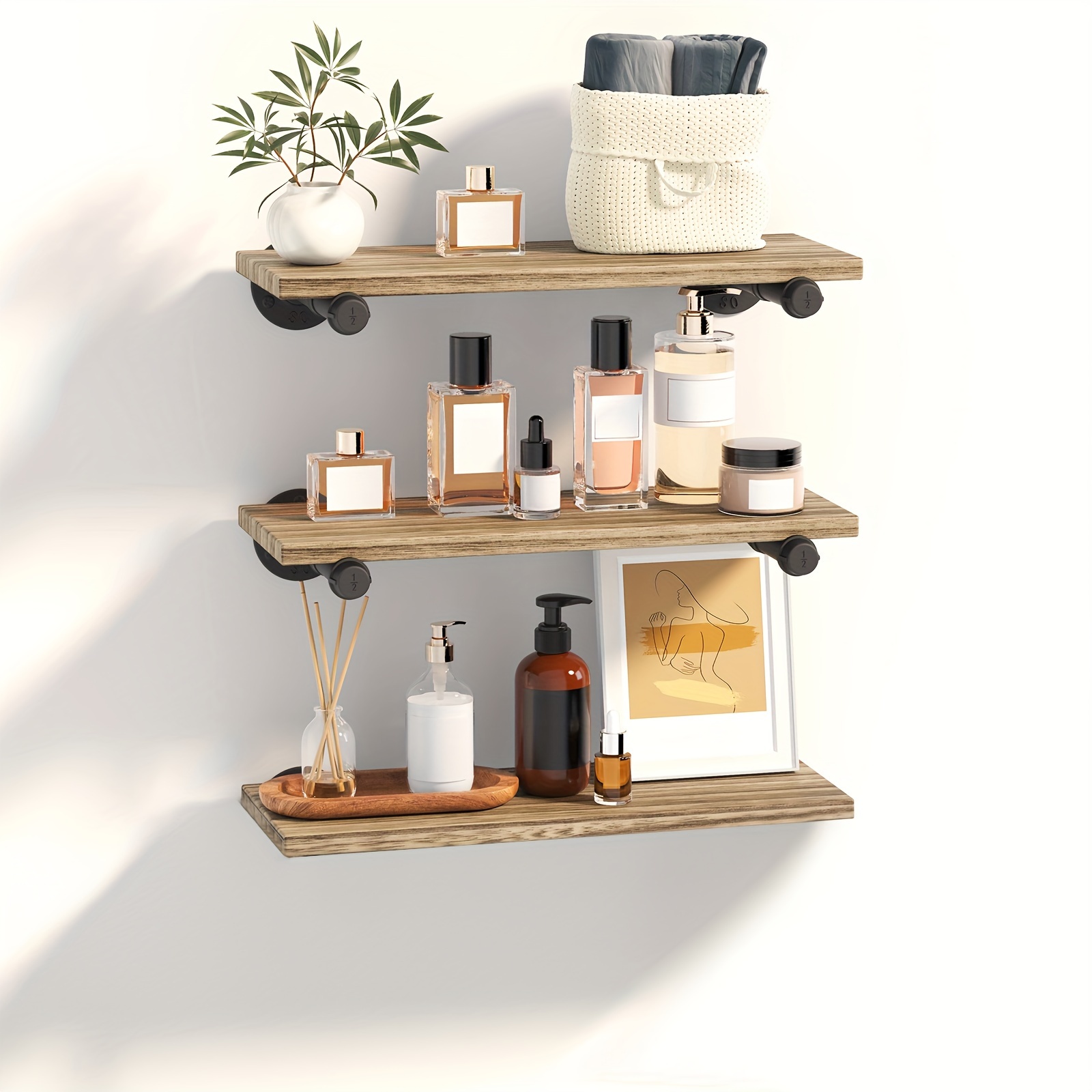 

Floating Bathroom Shelves, 3+1 Tier Rustic Farmhouse Pipe Wall Shelves, Bathroom Organizer Over Toilet With Wire Storage Basket, Provide Extra Shelf Space For Organizing Small Items (rustic Brown)