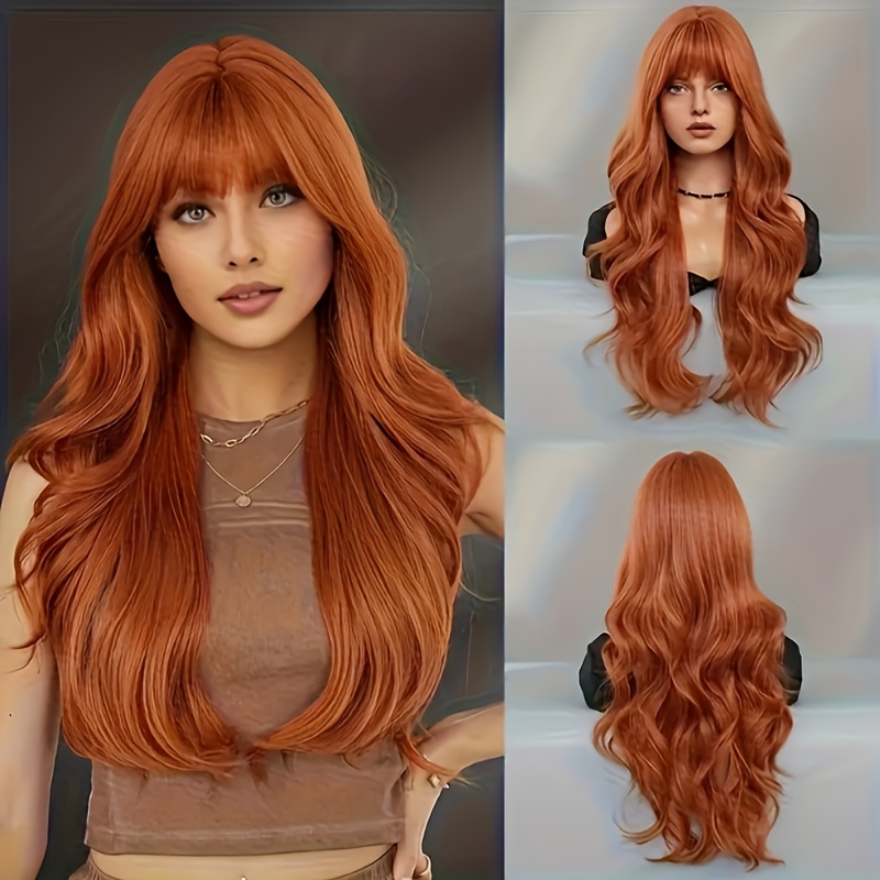 Image of 26-inch Long Wavy Curly Wig, Heat-resistant Synthetic Fiber, Vibrant Orange With Bangs. Suitable For Women Of All , Ideal For Daily Wear, Parties, Cosplay, And Carnivals. Versatile Wig With Curls