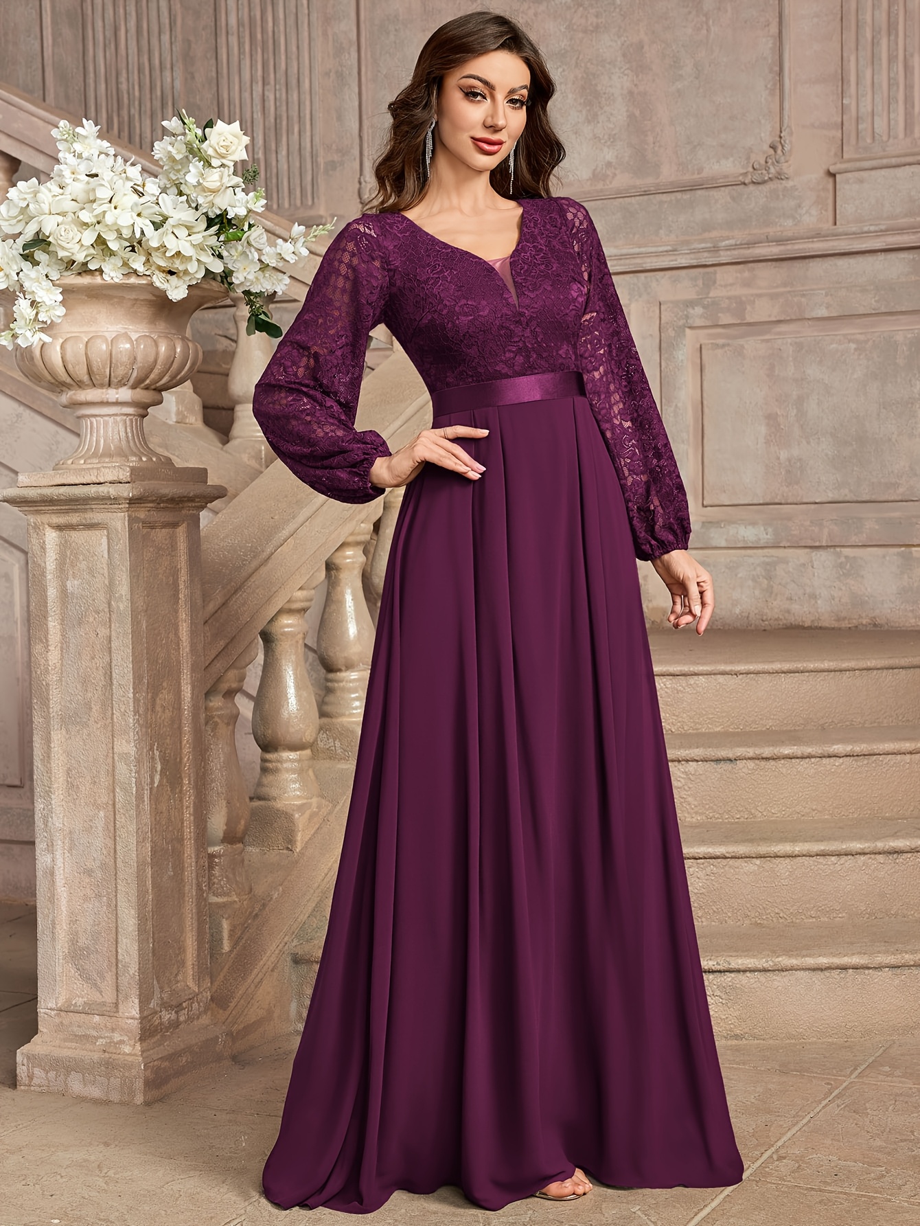 最終値下げBOCHERON Elegant Lace Long Dress womens elegant v neck lace contrast chiffon lantern long - Temu