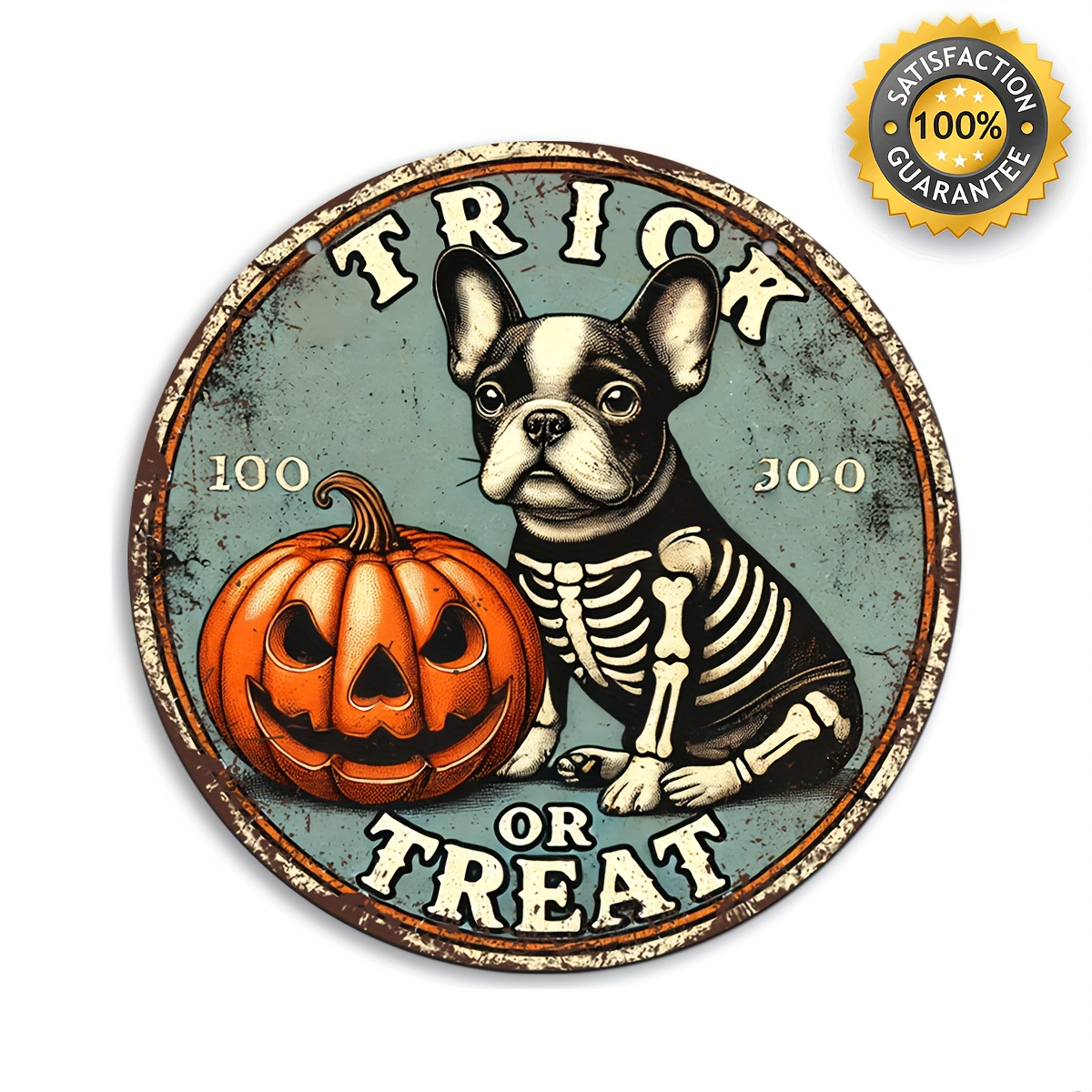 

Festive 8 Inch X 8 Inch Vintage Aluminum Sign: Trick Or Treat With A French Bulldog And Pumpkin - Perfect For Outdoor Decor