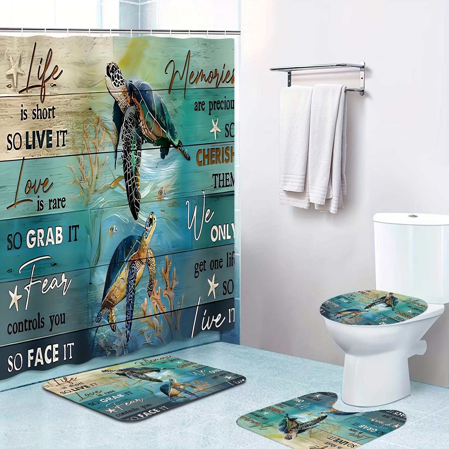 

1/4pcs Quote And Sea Turtle Print Shower Curtain Set, Shower Curtain With 12 Hooks, Non-slip Bathroom Rug, Toilet U-shape Mat, Toilet Lid Cover Pad, Bathroom Decor, Shower Curtain Sets For Bathrooms