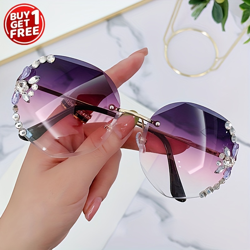 

2pcs Frameless Cut Edge Glasses Women's Fashion Glasses Shiny Rhinestone Sunshade Glasses