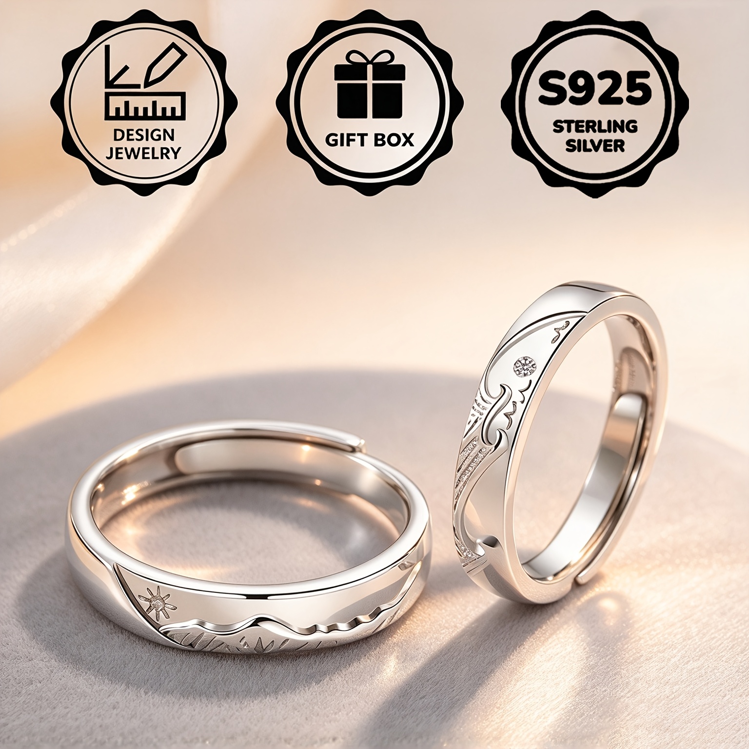Image of 1 Pair Of S925 925 Silver Open Adjustable Couple Rings For Men And Women, High-quality Jewelry, Engagement Ceremony Wear, Approximately 6.