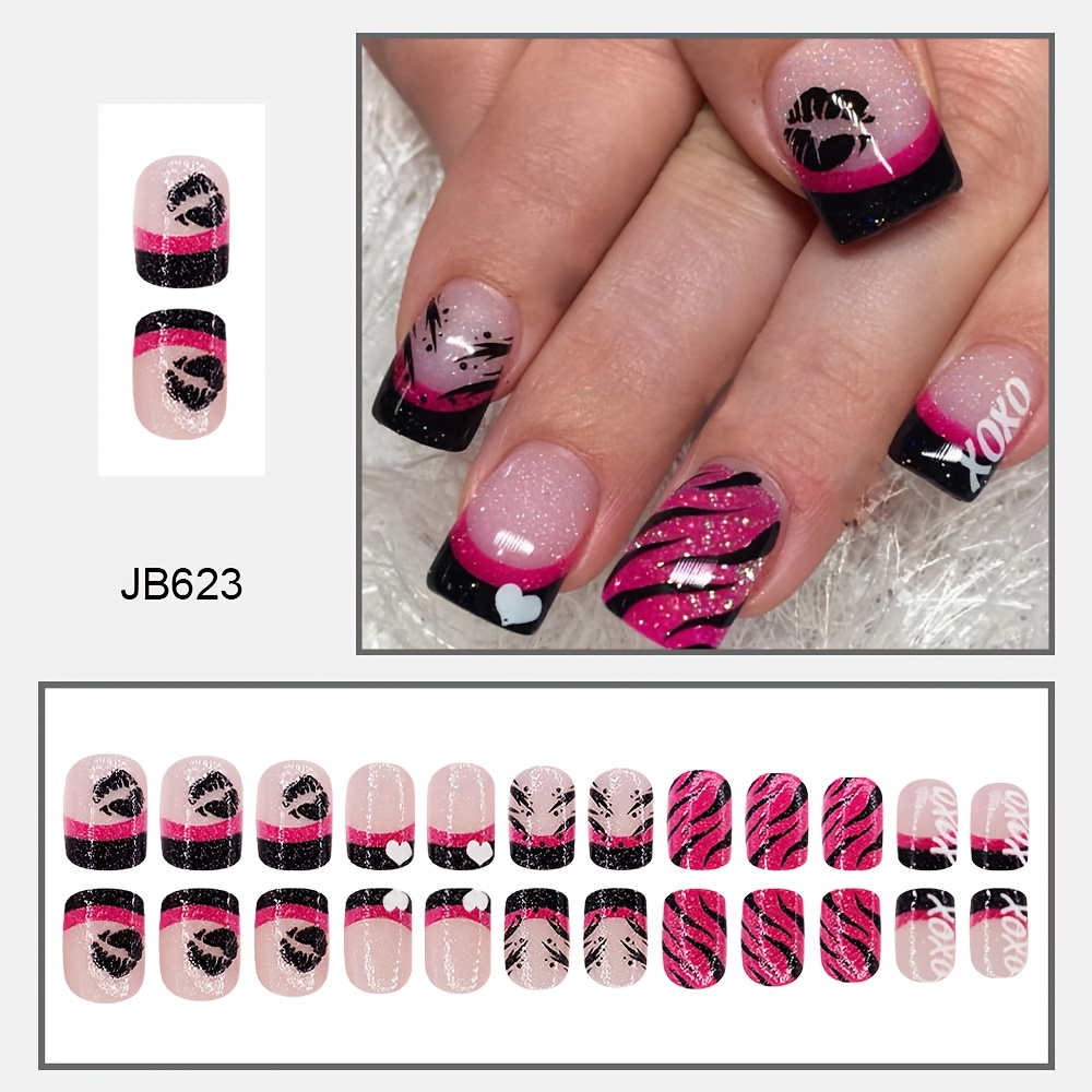 TEMU 24pcs Short Square French Tip Nail Wraps Compatible For - Suitable For Pedicures/pedicure Chairs With Heart & Valentine's Day Nail Art, Glossy