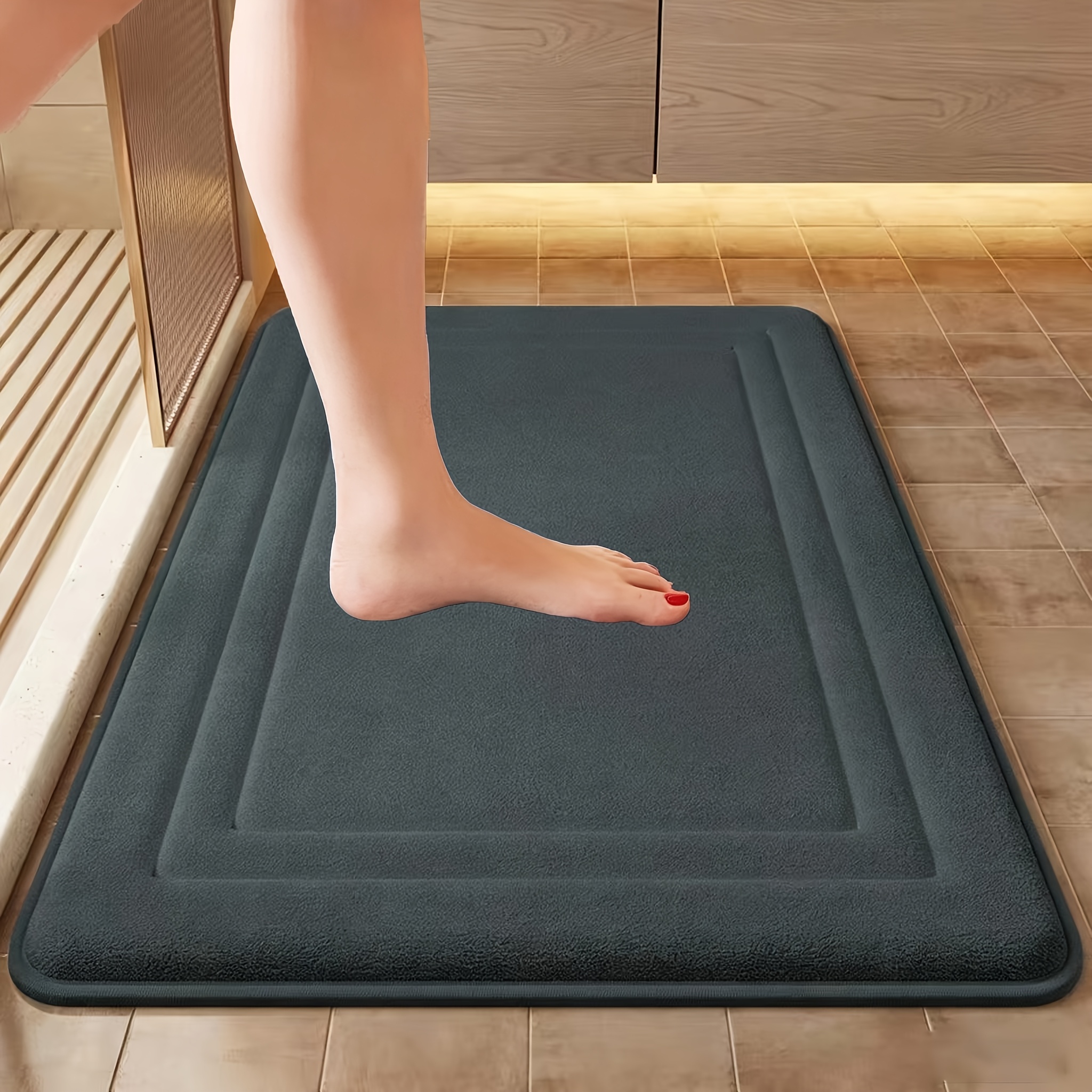TEMU Non-slip Coral Fleece Bathroom Mat - Soft, Washable, And Durable With Pvc Backing For Safety , In Gray, White, Black, Navy Blue, And Beige,