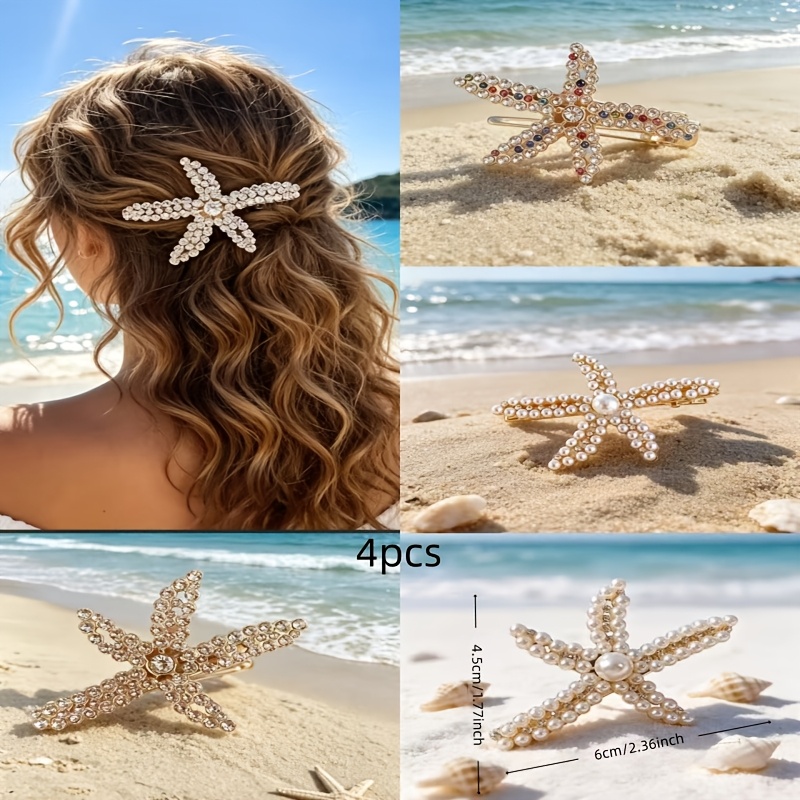 TEMU 4pcs Women's Handmade Ocean-themed Starfish Hair Clips, Suitable For Travel And Vacations, Elegant And Romantic Hair Accessories For Beach And