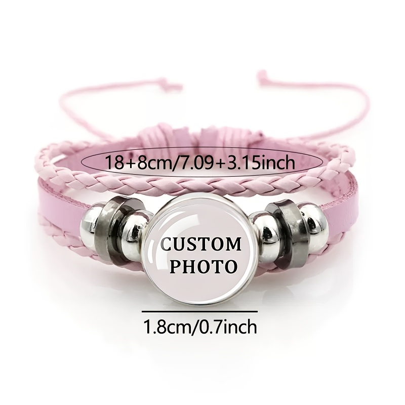 Photo Customization Pink Slide Bracelet, Vintage Glass PU Leather