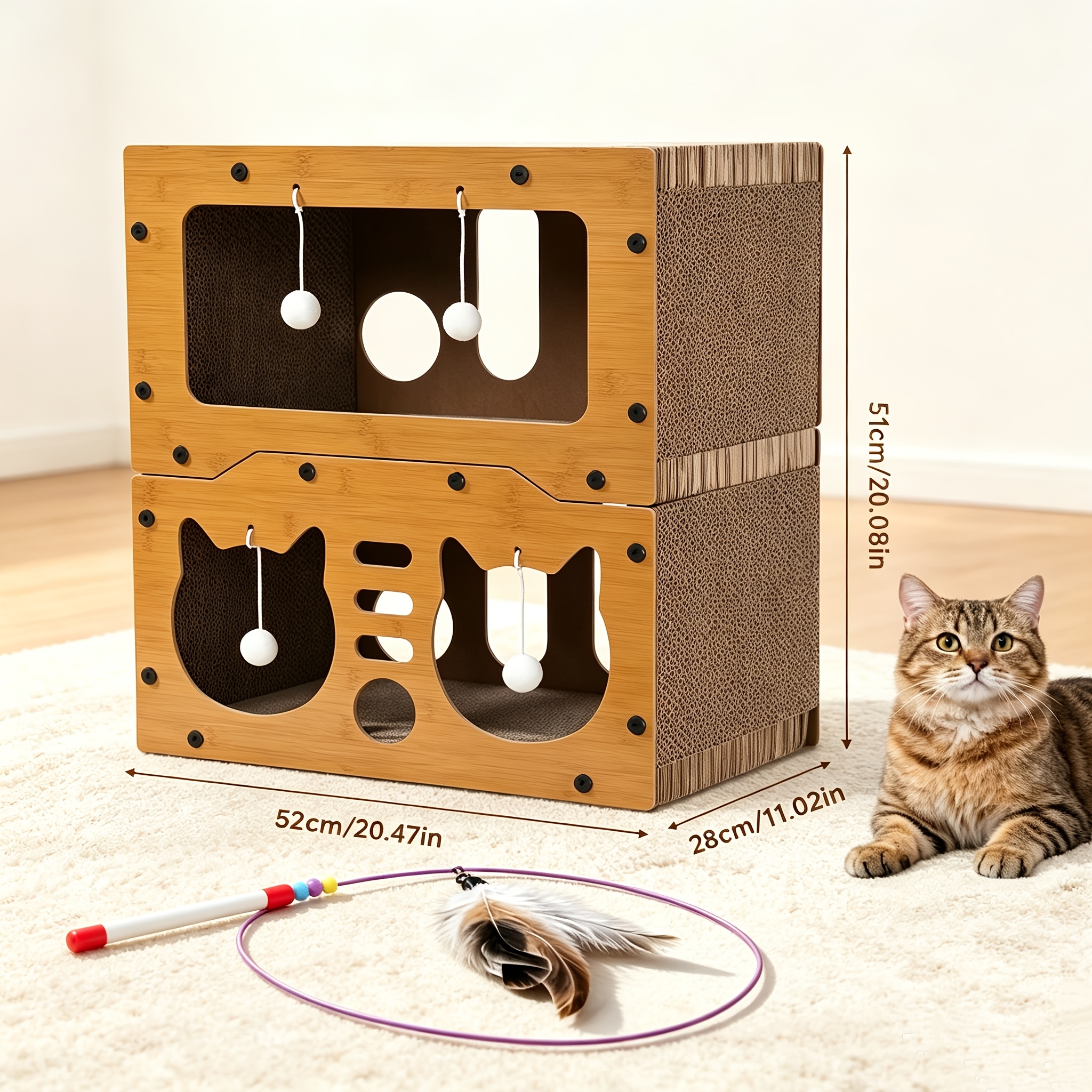 Image of Cat Scratching Board With Cat Teaser Toy, 3-in-1 Cardboard Cat Bed And Scratch Pad For Claw Care, Privacy, And Relaxation, Built-in Pompom, Durable Build Holds 11kg, Quick Setup, For Cat Owners