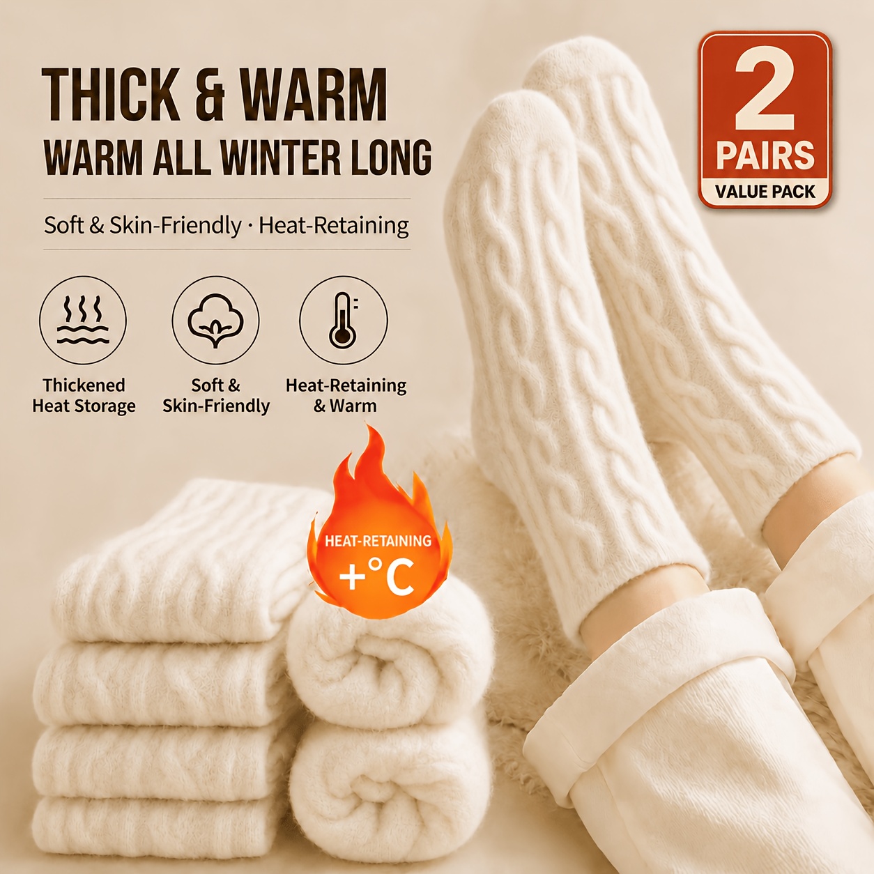 TEMU Lot de 2 paires de chaussettes d'intérieur thermiques pour femme - Chaussettes de cheville chaudes d'hiver adaptées à la météo et aux cadeaux,