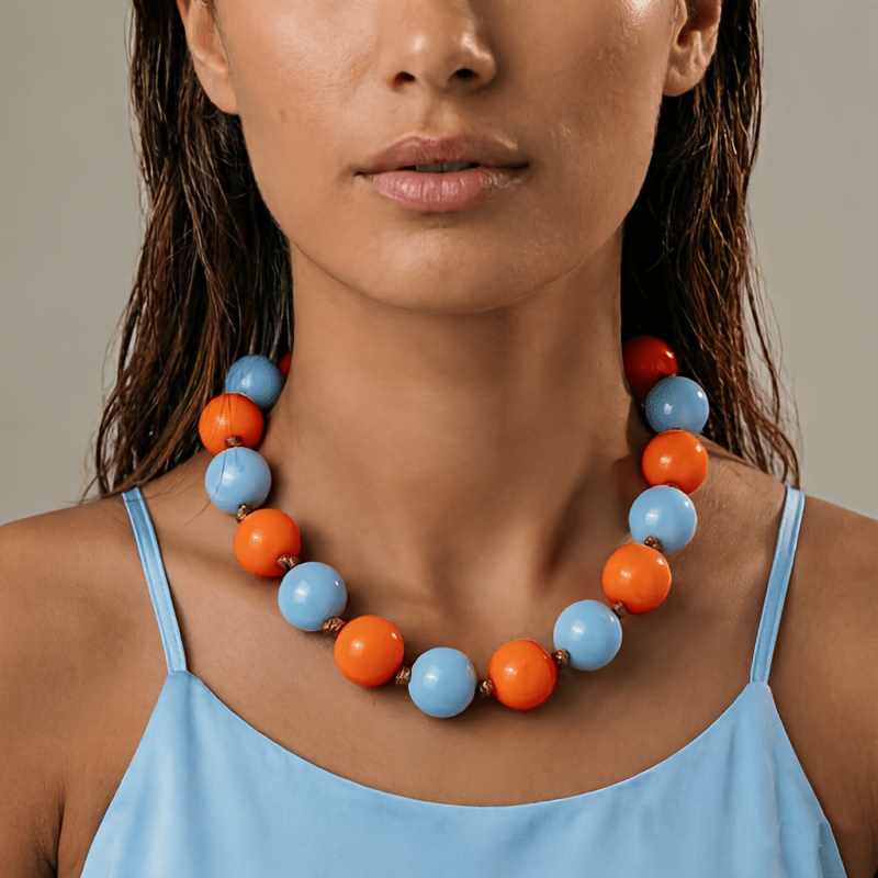 TEMU 1pc Style Colorful Acrylic Large Bead Hand-woven Women's Bead Necklace For Daily Wear