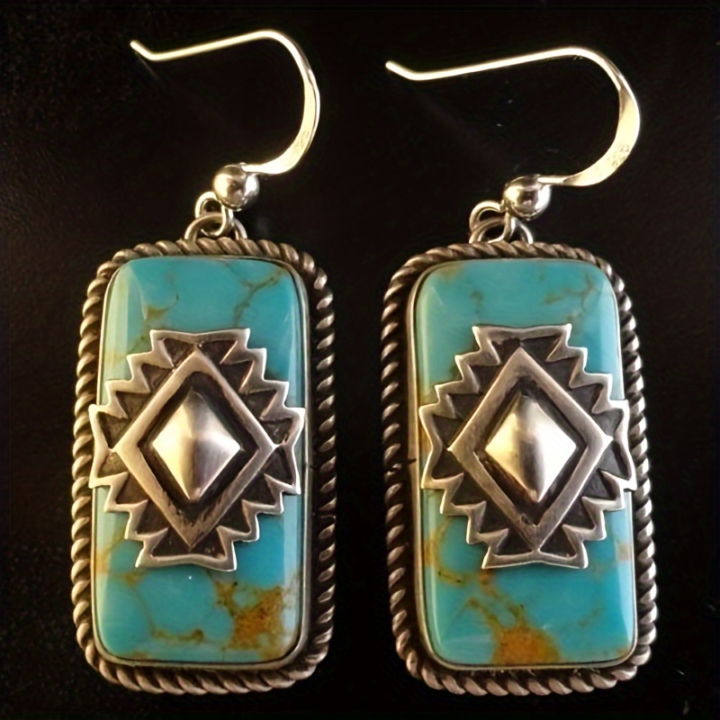 

Bohemian Vintage Turquoise Rectangular Earrings For Women's Ethnic Style Earrings, Daily Party Jewelry Accessories
