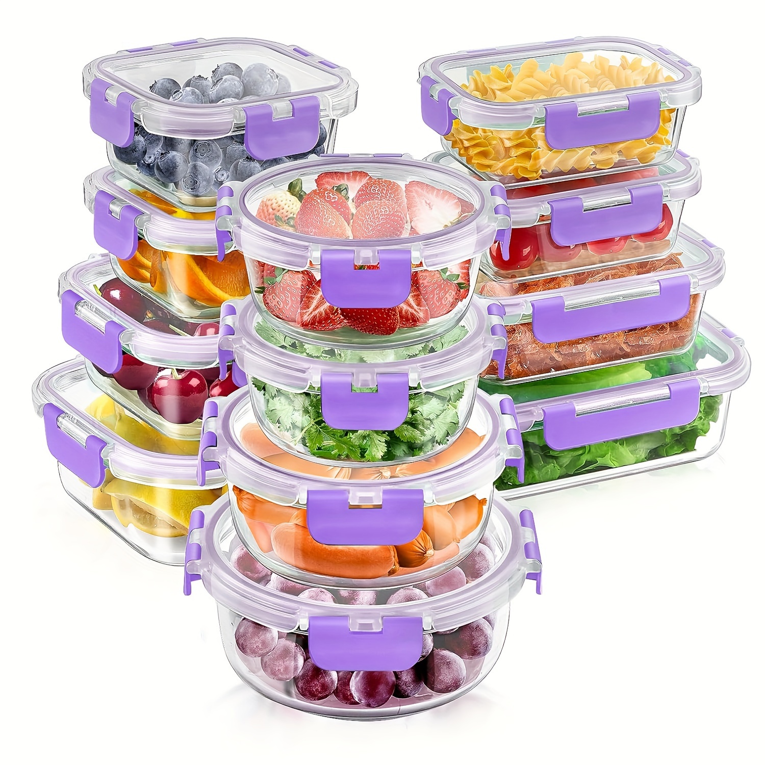 12pcs glass food storage container with lid, sealed glass meal preparation container, * lunch container, BPA-free, microwave, oven, freezer, dishwasher, pink