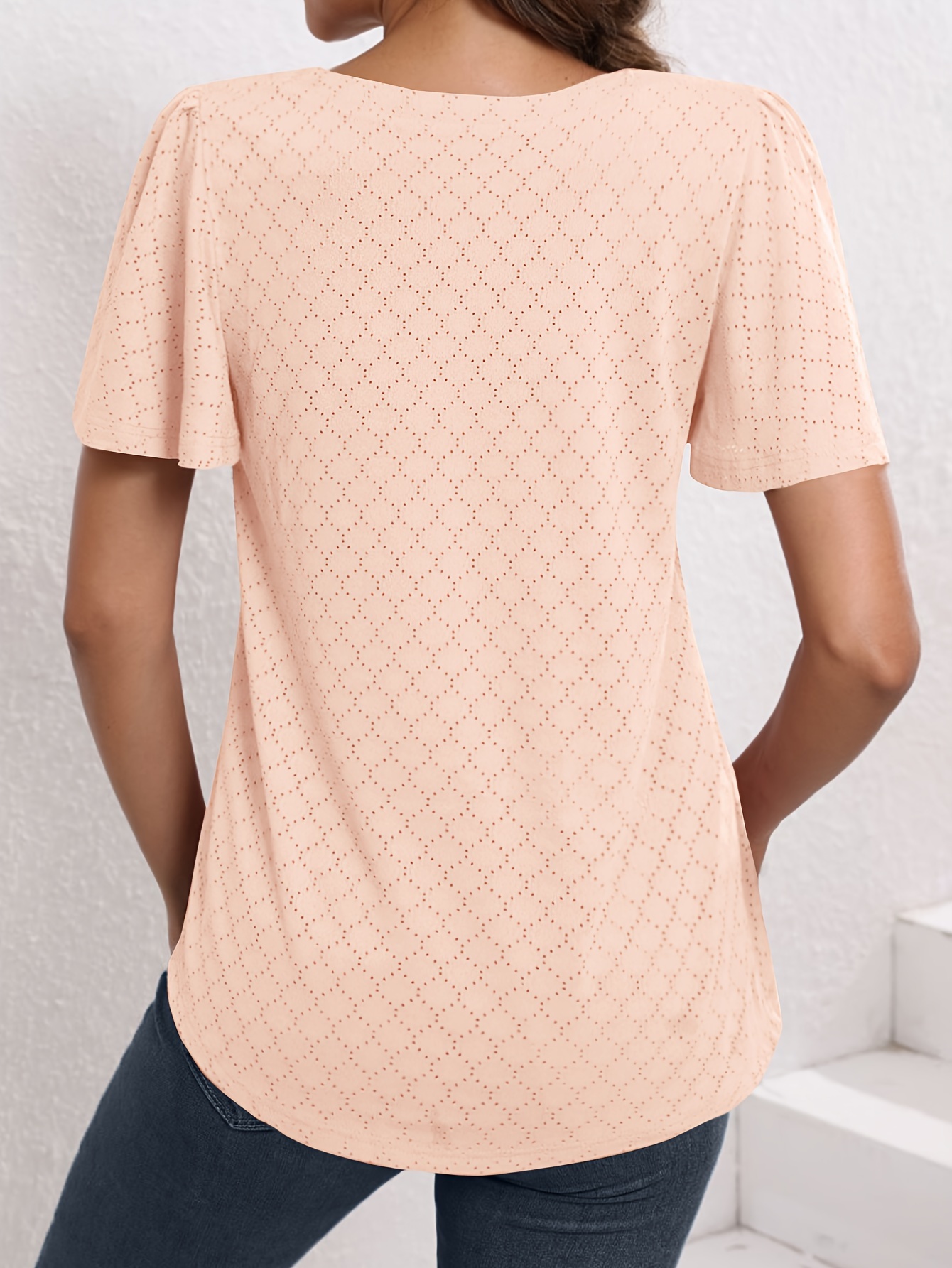 Plus Size Women'S Square Neck Ruffle Sleeve Top - Breathable Eyelet Cut-Out Fabric, Unique Chest Pleat Design, Elegant Fashion for Spring Summer Fall, Formal & Casual Wear, Casual Wear Top | Pleated Detail Top | Stretchy Fabric Top, Ladies T Shirts