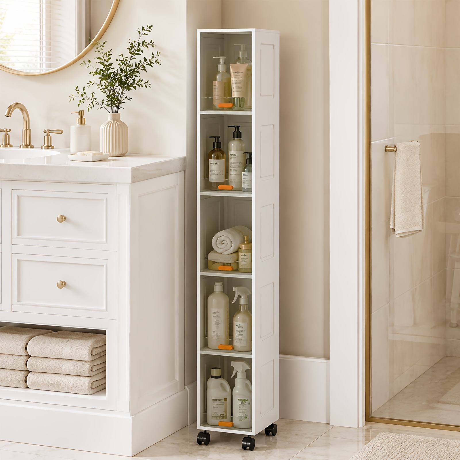 Lidded Storage Bins Slim Narrow Tall Rolling With Wheels And Doors - Space Multi Tier Plastic Storage Cabinet For Bathroom Kitchen Laundry Room Small Apartment Mobile Organizer Tower