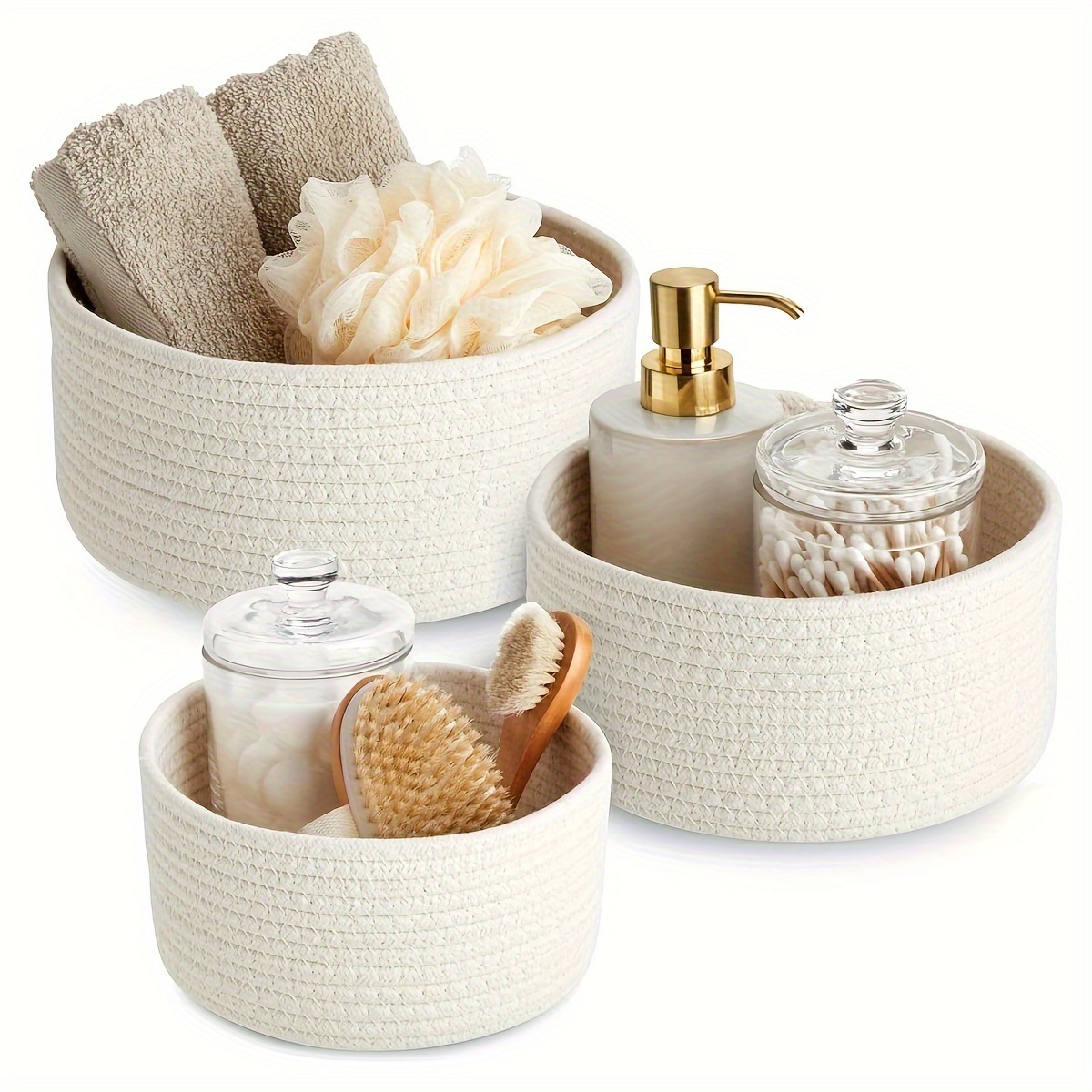 

3 paniers tissés 100% coton, lot de 3, paniers de rangement décoratifs ronds pour l'organisation, paniers multi-tailles pour comptoir et réservoir de toilette, ensemble de petits paniers polyvalents