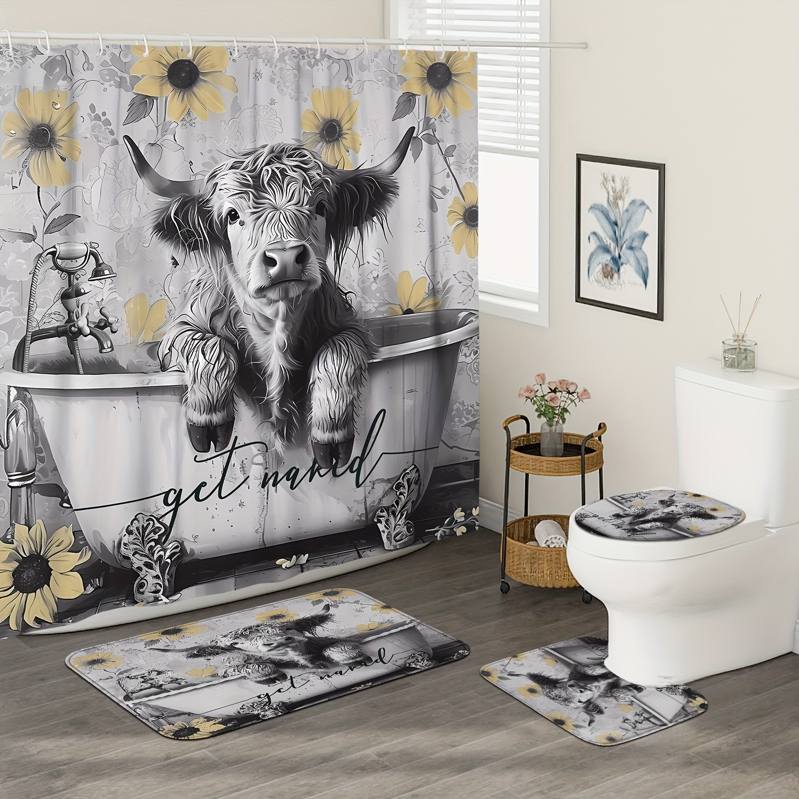 

1/4pcs Highland Cow Sunflower Bathtub Pattern Shower Curtain Set, Shower Curtain With 12 Hooks, Non-slip Bath Mat, U-shaped Toilet Mat, Toilet Mat, Bathroom Decor Accessories