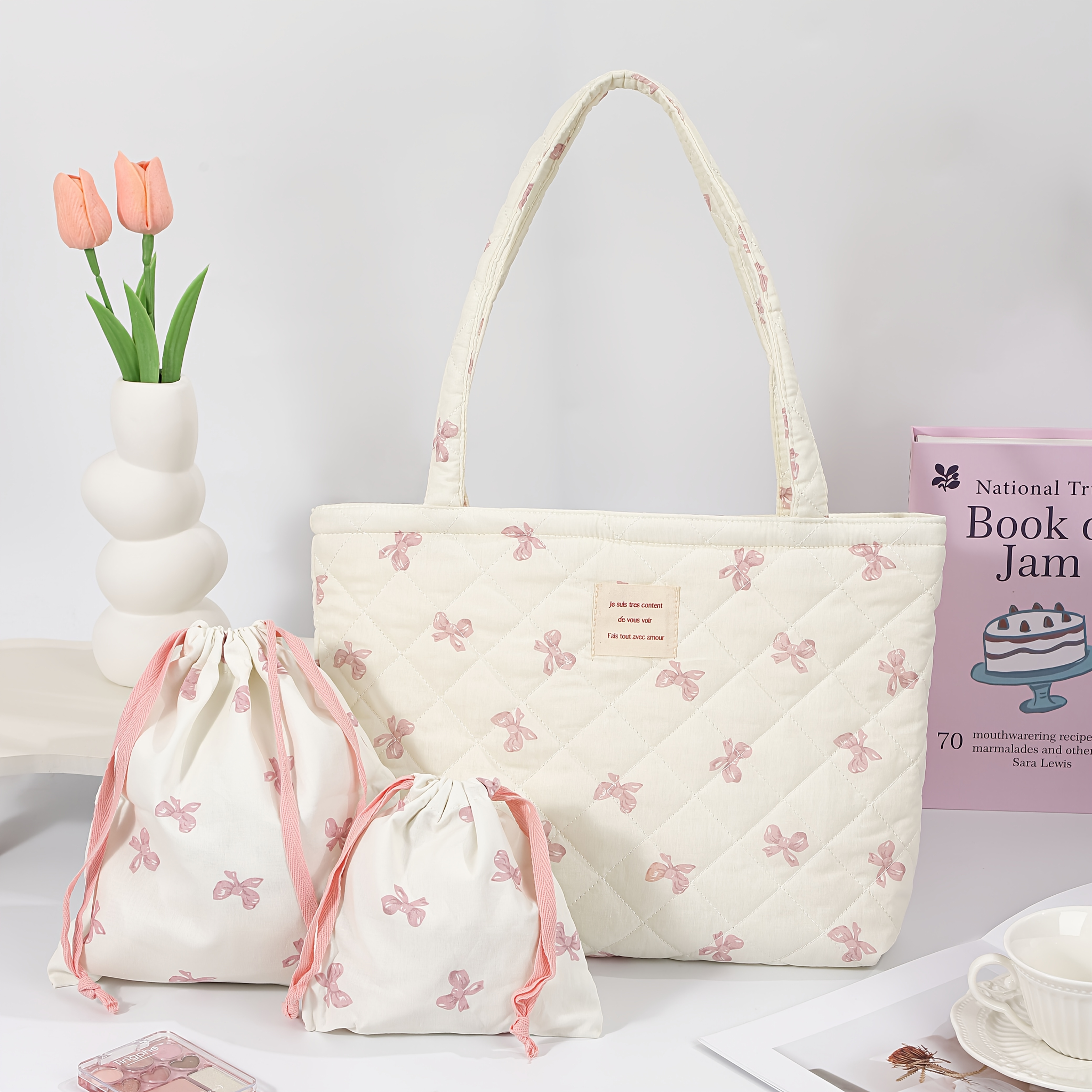 E-shop 3-teiliges Set Gepolsterte Damen-Tragetasche, Große Cord-Handtasche mit Blumenmuster Schultergurt für & Reisen – Perfektes Geschenk,