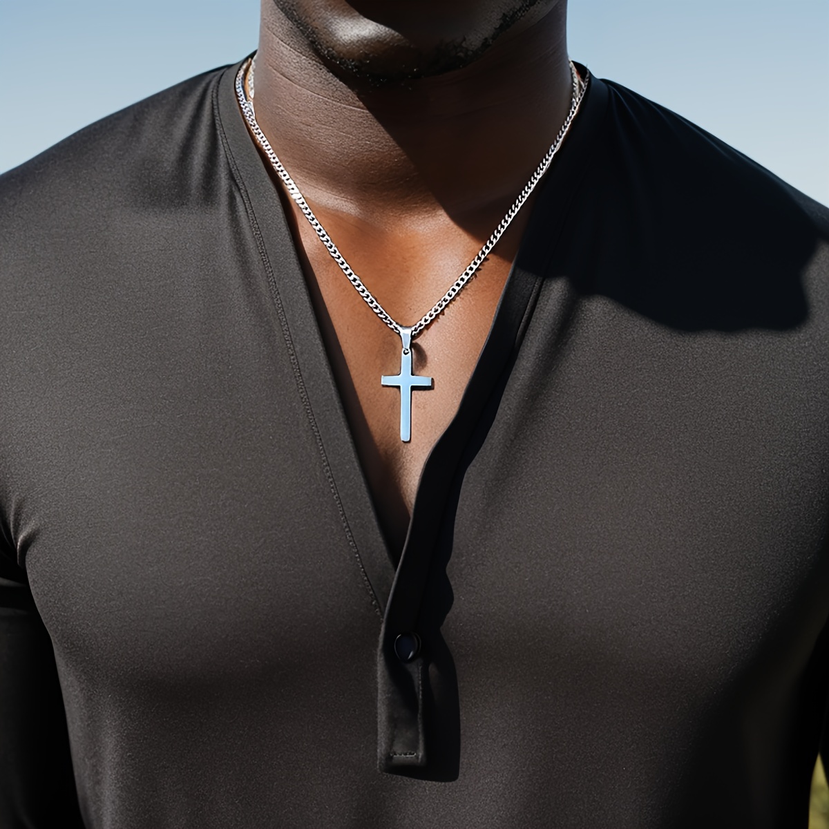 1pc Of Men's Fashion 304 304 Stainless Steel Cross Pendant Necklace, Easy Casual Men's Necklace, Gift For Boyfriend