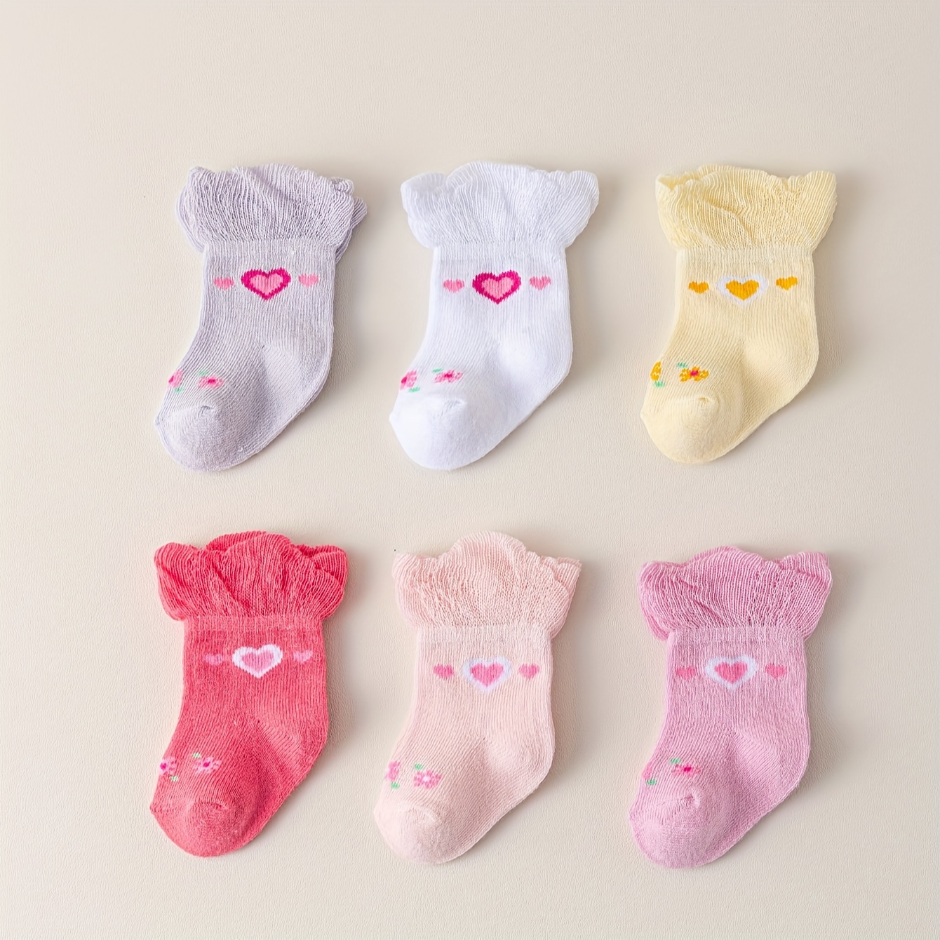Image of 6-pair Blend Loose Elastic Cuff Heart-patterned Socks, Suitable For , Comfortable, Soft, And Adorable For Newborns And Infants