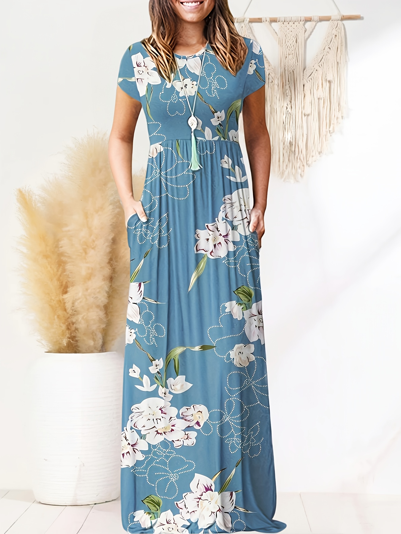 women short sleeve loose plain casual long maxi Temu