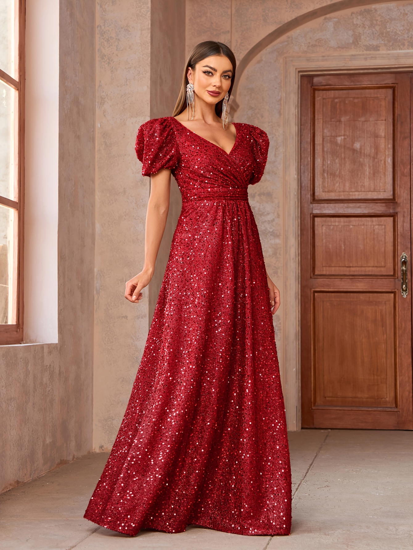 Purple Dress Phase Eight Party Dresses Sale Elegant Red Sequin V Neck Dress  Bubble Sleeves Womens