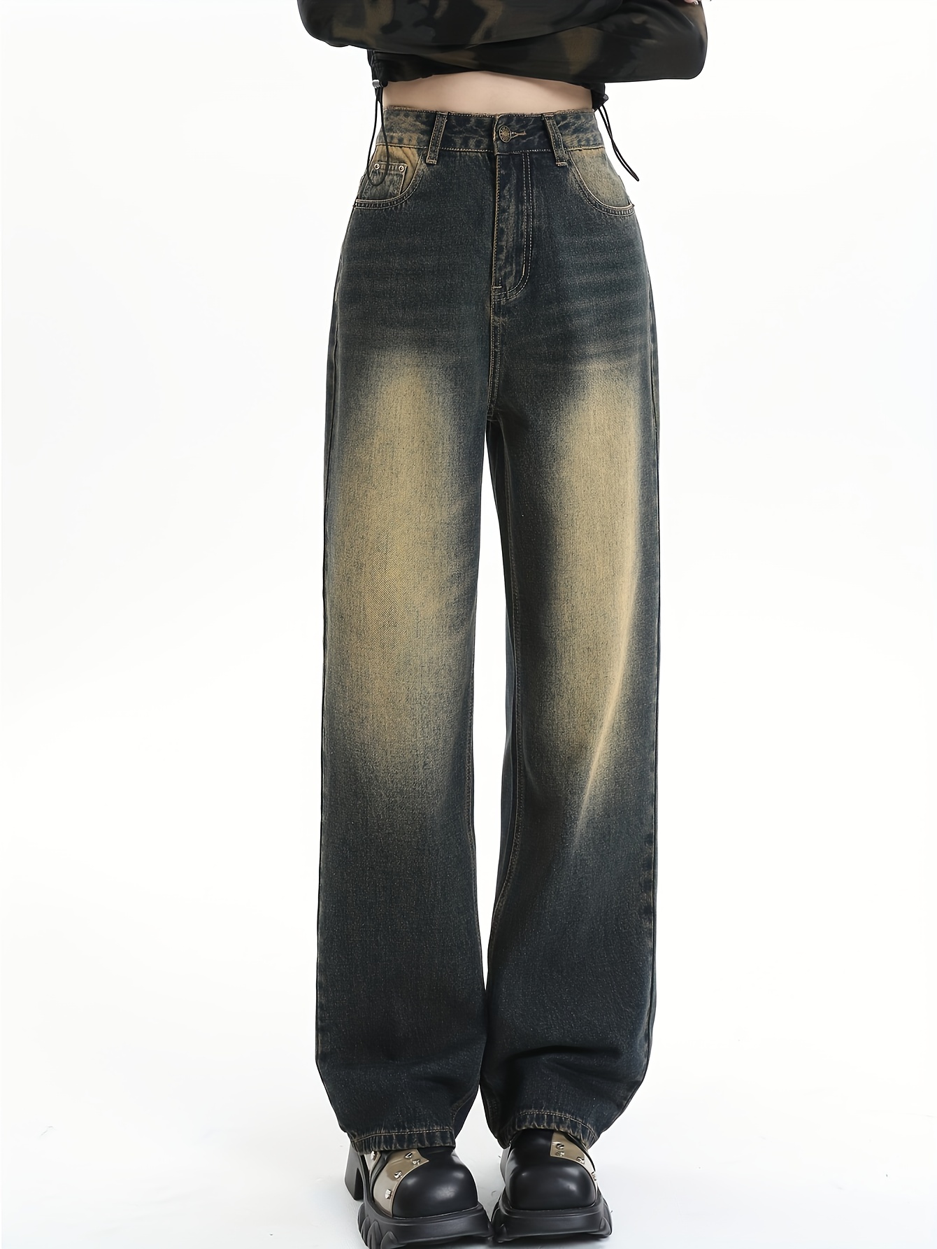 Ivory Top stitching Straight Jeans Vintage Wash - Temu