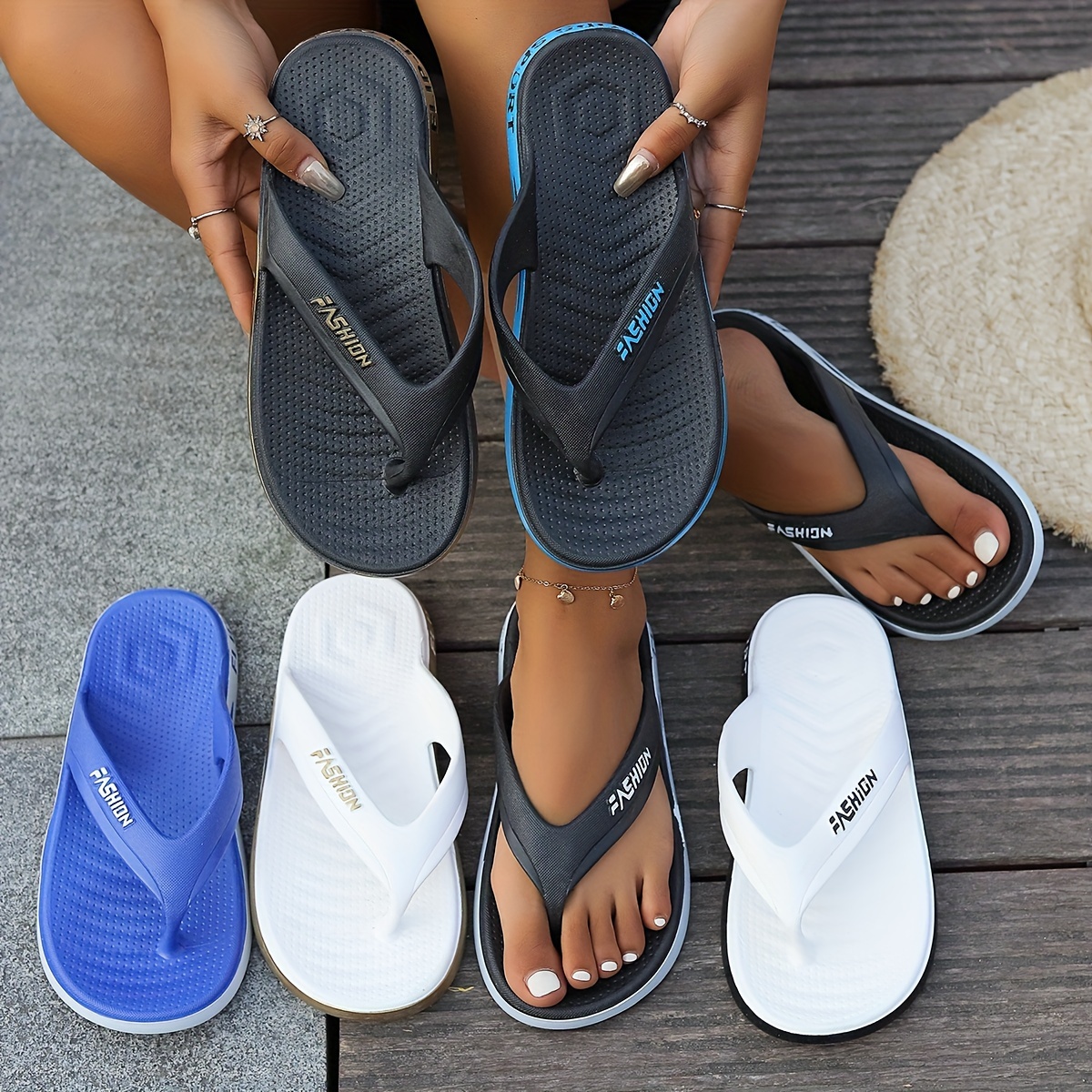 

Contrast Color Unisex Flip Flops, Fashion Soft Summer Beach Flat Slide Shoes, Indoor & Outdoor Slides For Women